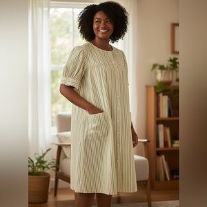 Vintage 60s 70s Seersucker House Coat Striped Lounge Dress Ric Rac Trim Mumu